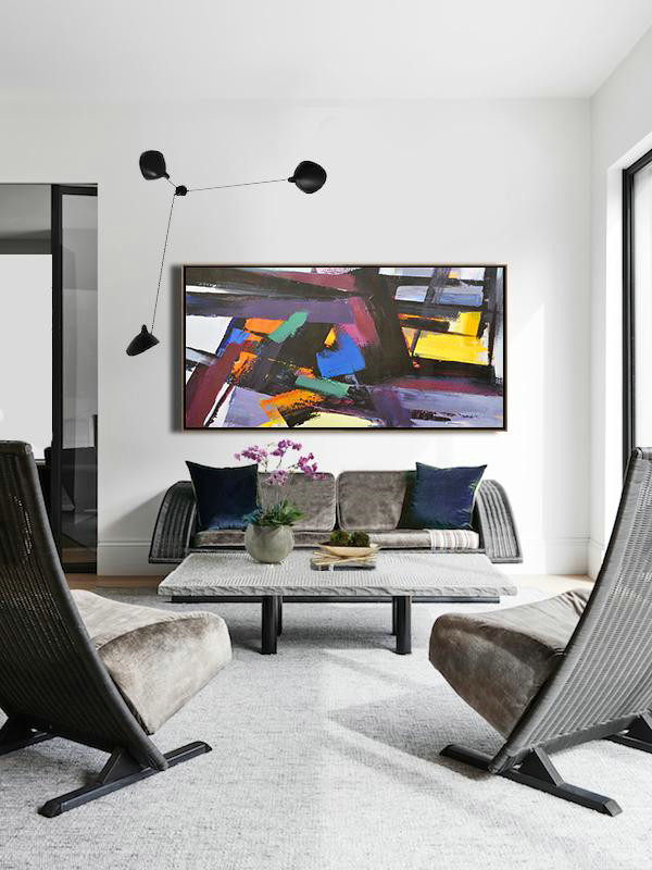 Handmade Large Contemporary Art,Horizontal Palette Knife Contemporary Art Panoramic Canvas Painting,Large Canvas Art,Purple,Black,Yellow,Blue.etc
